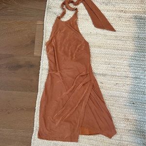 Mahina slinky halter mini dress in rust